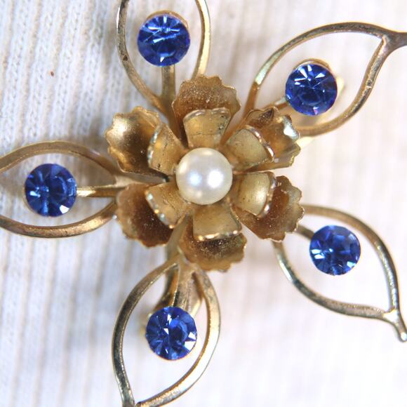 Starburst Flower Brooch Gold Tone Open Metal Blue and Pearly Stones - Picture 3 of 10